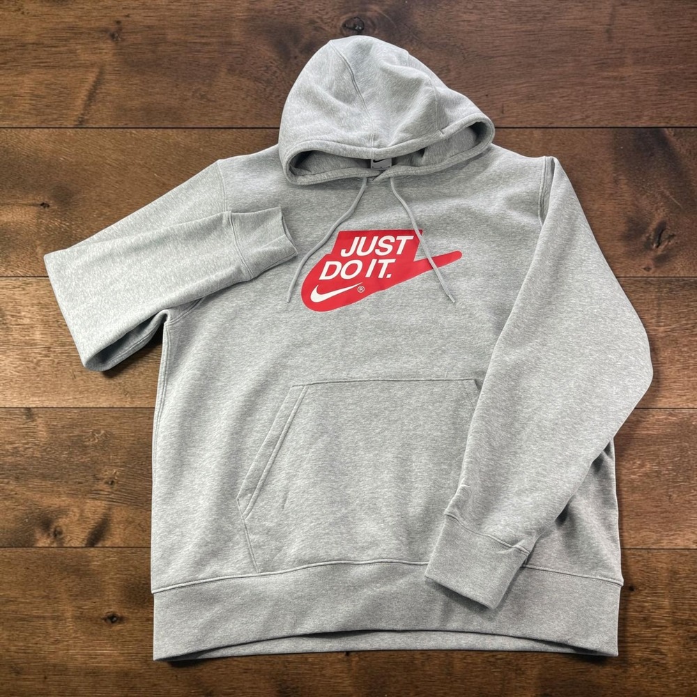 NEW Nike Sportswear Just Do It Pullover Hoodie Mens XL Grey Heather Red Swoosh